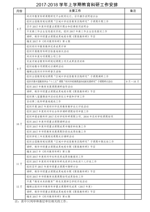 2017-2018学年上学期教育科研工作安排