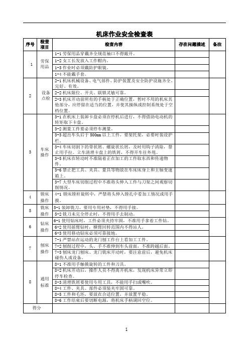 机床作业安全检查表