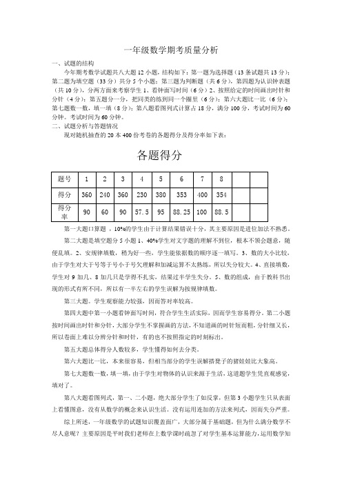 一年级数学期考质量分析