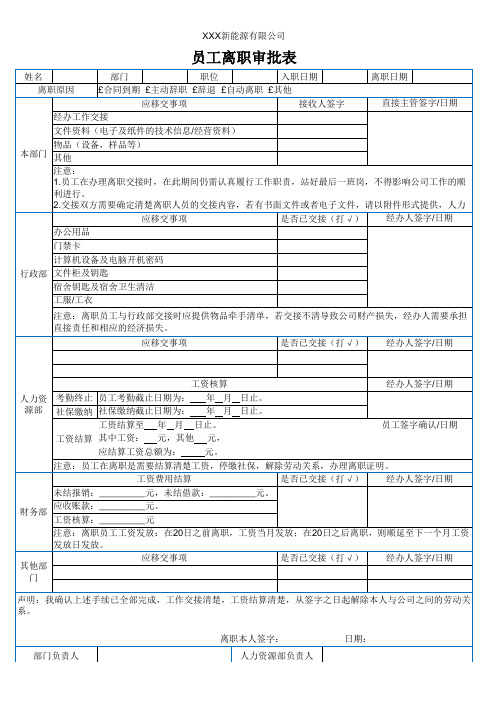员工离职审批表