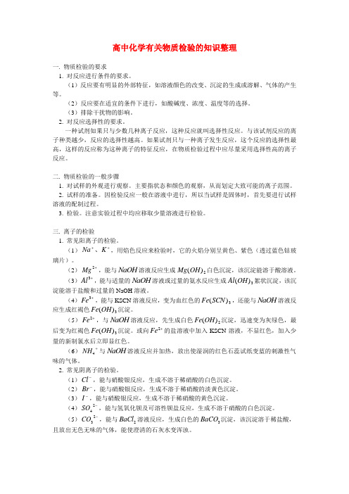 高中化学有关物质检验的知识整理知识点分析