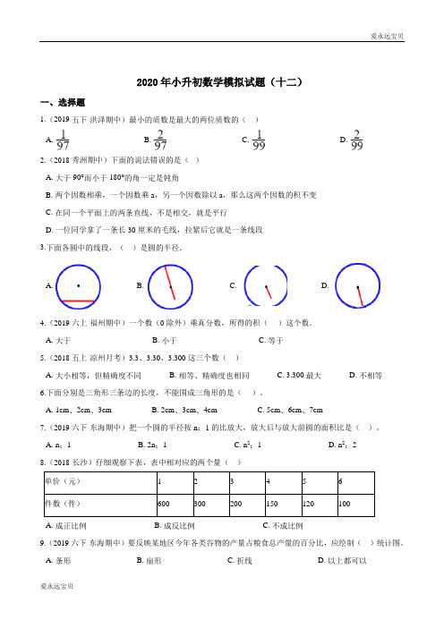 2020年小升初数学模拟试题(十二)(北京版含详细解析)