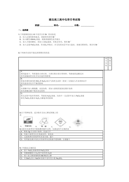 湖北高三高中化学月考试卷带答案解析
