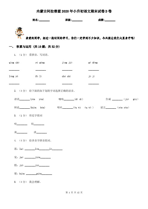 内蒙古阿拉善盟2020年小升初语文期末试卷D卷(考试)