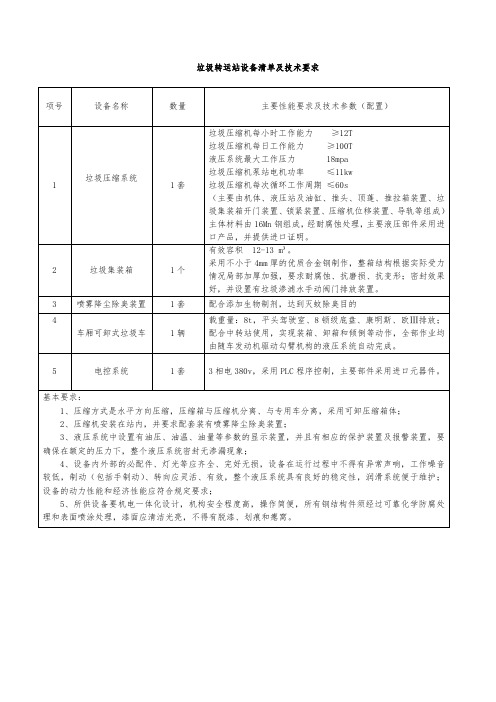 垃圾转运站设备清单及技术要求