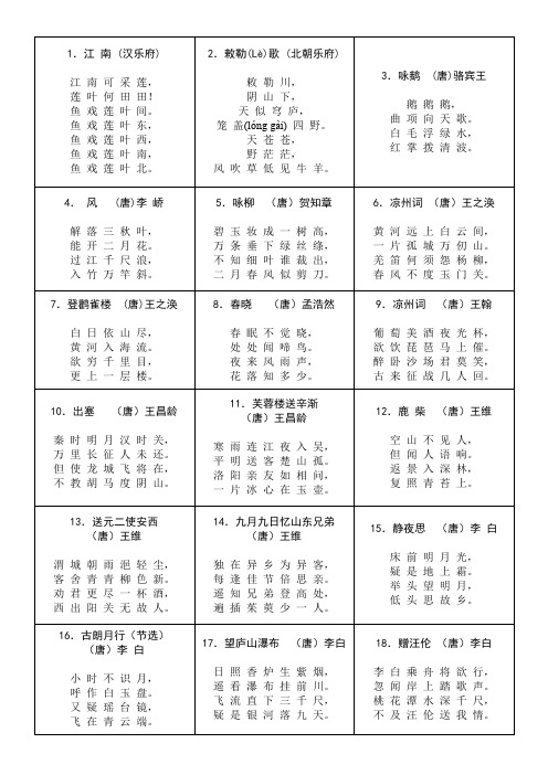 小学生必背古诗70首(表格版)