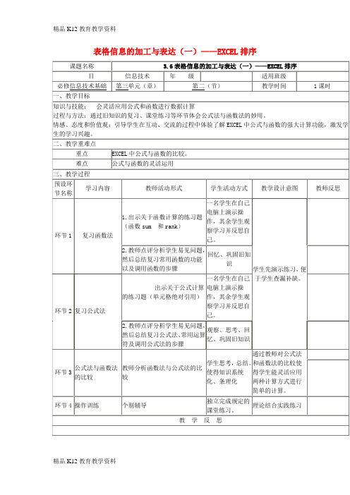 【配套K12】[学习]四川省宜宾市一中2017-2018学年高中信息技术 表格信息的加工与表达(一)