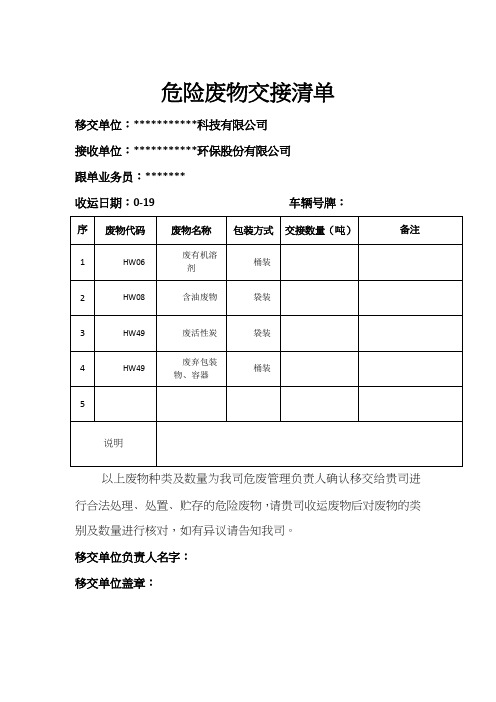 危险废物交接清单 模板