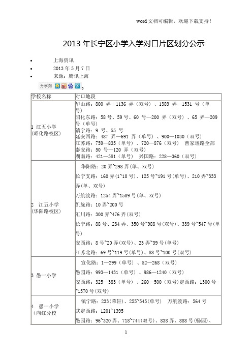 2019年长宁区小学入学对口片区划分公示