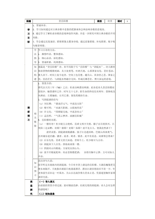 人教版选修《古代诗歌散文鉴赏》第二单元第8课《登岳阳楼》表格教案
