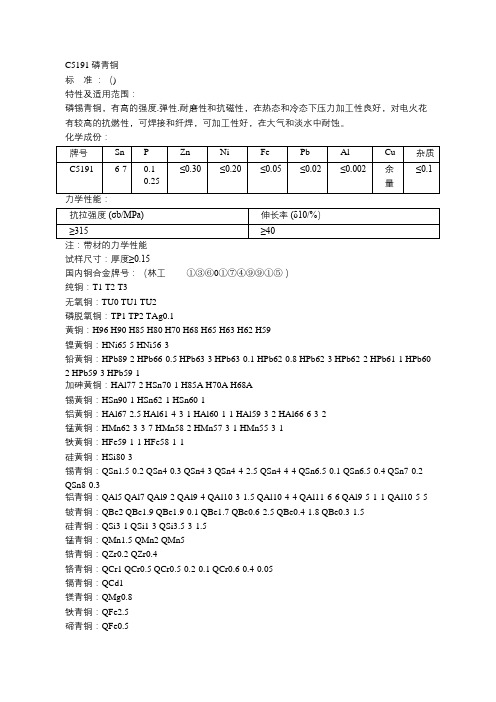 C5191磷青铜机械性能参数