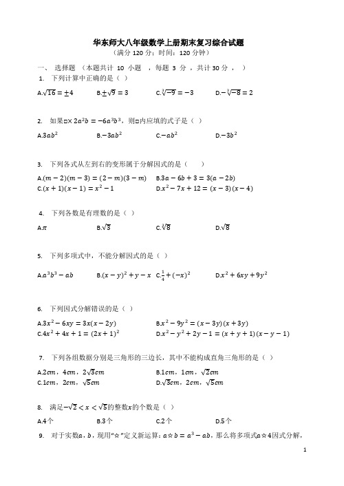 华东师大八年级数学上册期末复习综合试题(有答案)