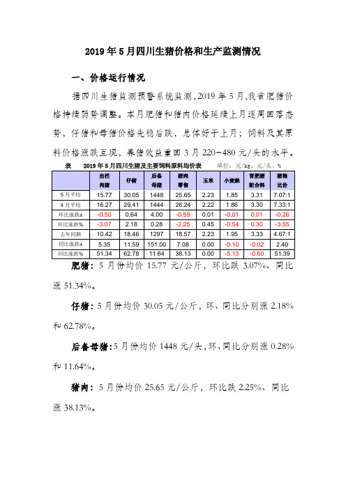 2019年5月四川生猪价格和生产监测情况