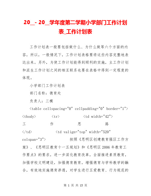 20__- 20__学年度第二学期小学部门工作计划表_工作计划表