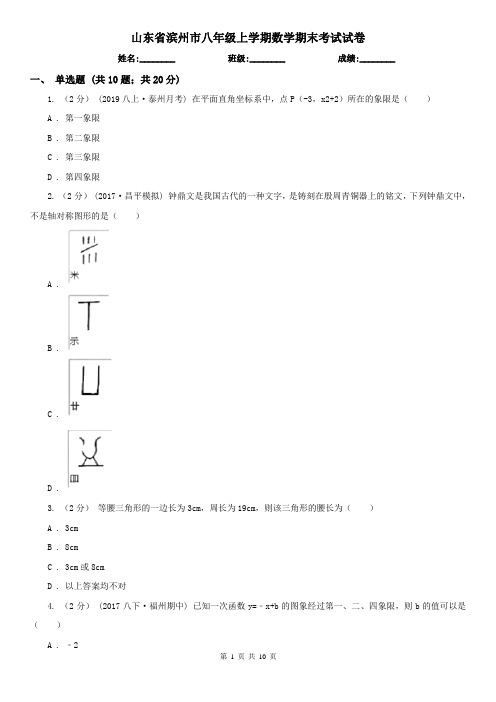 山东省滨州市八年级上学期数学期末考试试卷