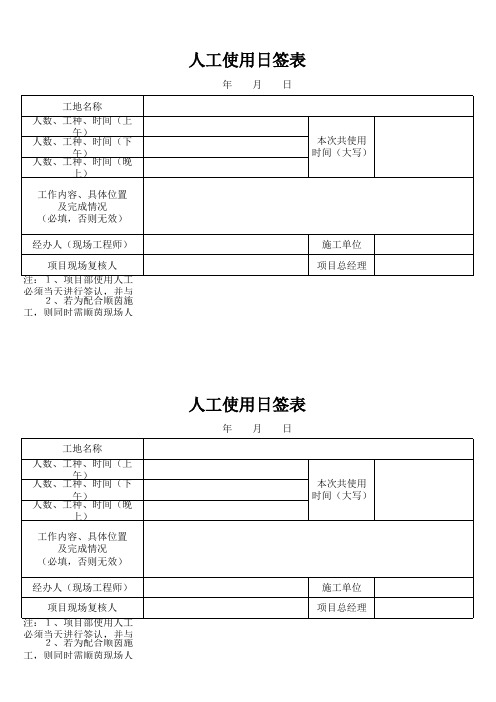 零星工程人工及机械日签单表格