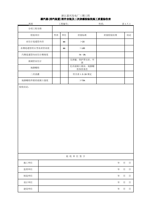 4.7.4 凝汽器(排汽装置)附件安装及二次浇灌检查验收表