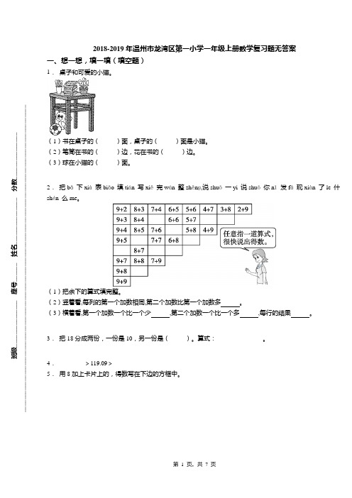 2018-2019年温州市龙湾区第一小学一年级上册数学复习题无答案