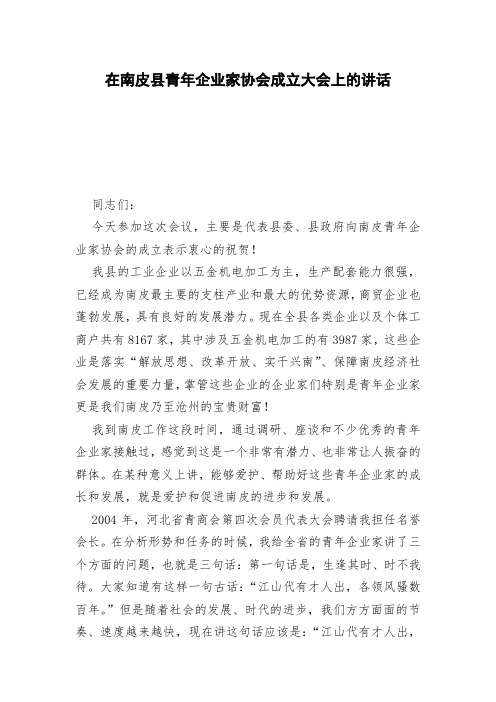 在南皮县青年企业家协会成立大会上的讲话
