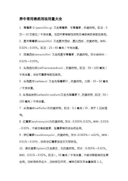 养牛常用兽药用法用量大全