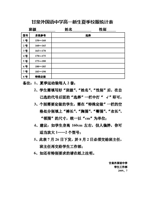 甘泉外国语中学高一新生夏季校服统计表