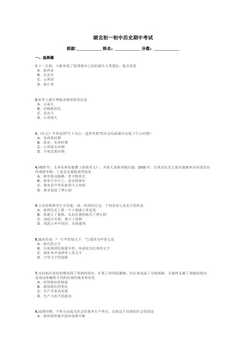 湖北初一初中历史期中考试带答案解析
