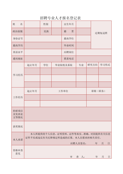 招聘专业人才报名登记表.doc