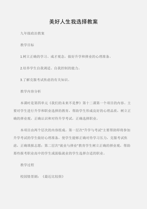 (九年级政治教案)美好人生我选择教案