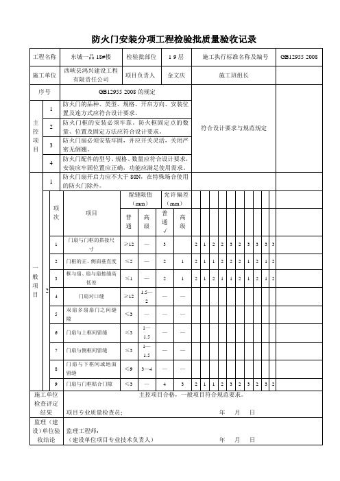 (土建表格)防火门安装分项工程检验批质量验收记录