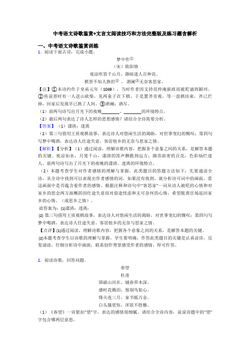 中考语文诗歌鉴赏+文言文阅读技巧和方法完整版及练习题含解析