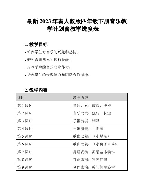 最新2023年春人教版四年级下册音乐教学计划含教学进度表