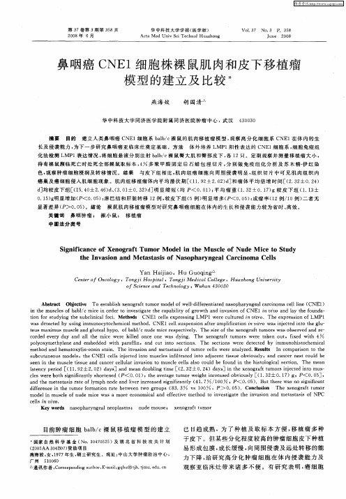 鼻咽癌CNE1细胞株裸鼠肌肉和皮下移植瘤模型的建立及比较