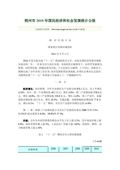 朔州市2010年国民经济和社会发展统计公报
