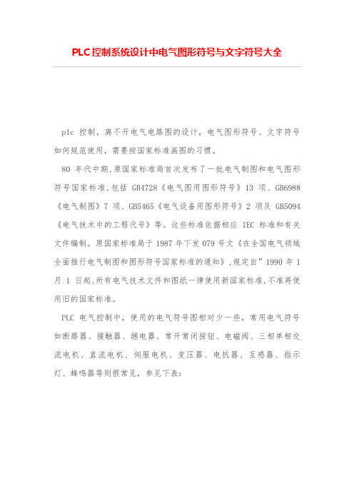 PLC控制系统设计方案中电气图形符号与文字符号大全