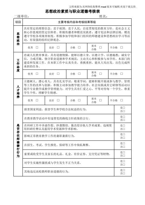 思想政治素质与职业道德考核表