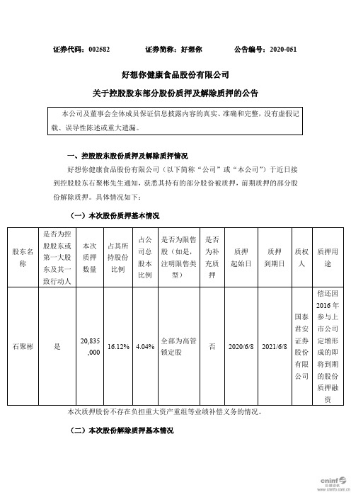 好想你：关于控股股东部分股份质押及解除质押的公告
