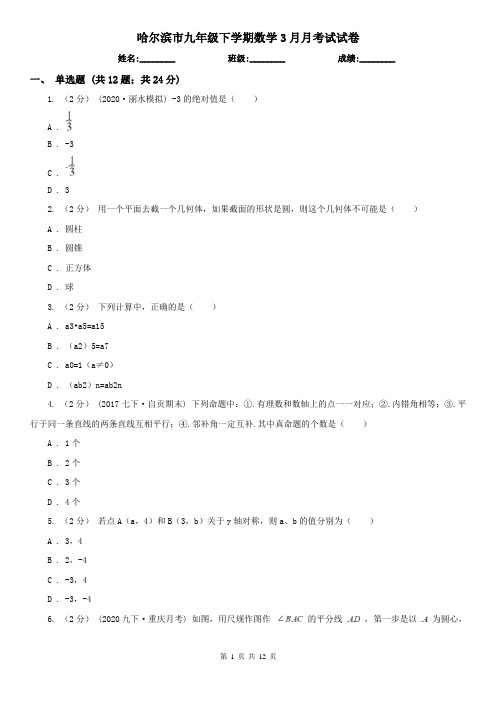 哈尔滨市九年级下学期数学3月月考试试卷