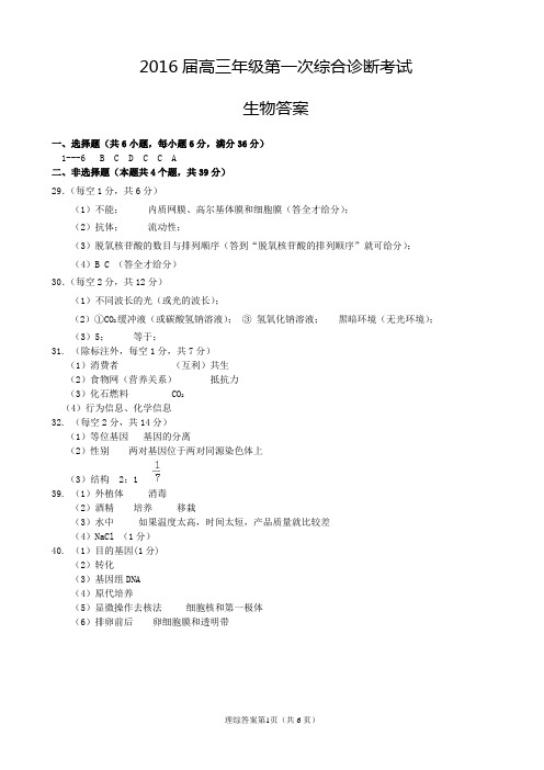 2016届高三年级第一次综合诊断考试理综答案