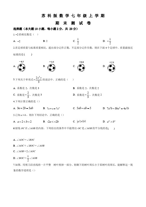 苏科版数学七年级上册《期末考试卷》(含答案解析)