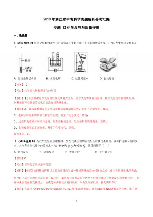 2019年浙江省中考科学真题解析分类汇编专题12 化学反应与质量守恒