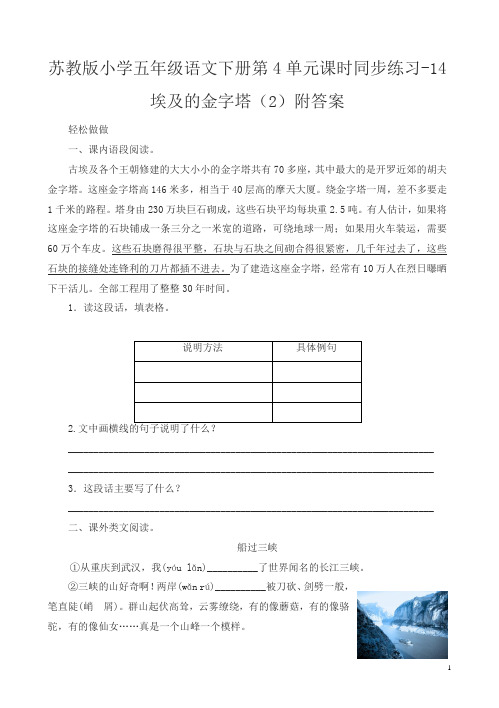 苏教版小学五年级语文下册第4单元课时同步练习-15埃及的金字塔 附答案