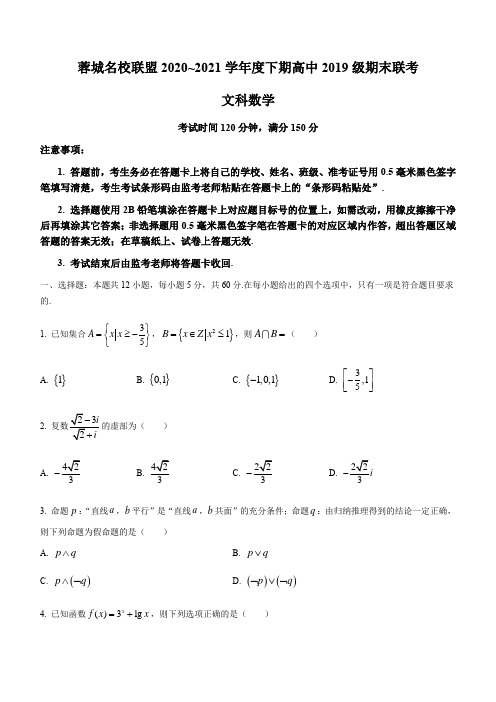 四川省成都市蓉城名校联盟2020-2021学年高二下学期期末联考文科数学试题 (含答案)