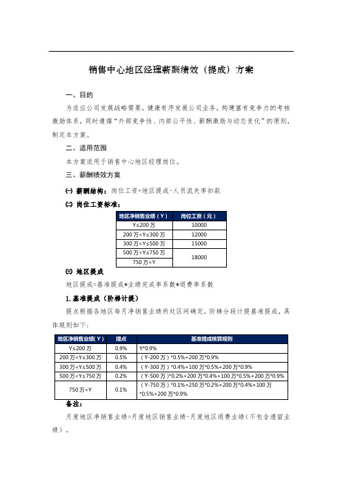 销售中心地区经理薪酬绩效(提成)方案