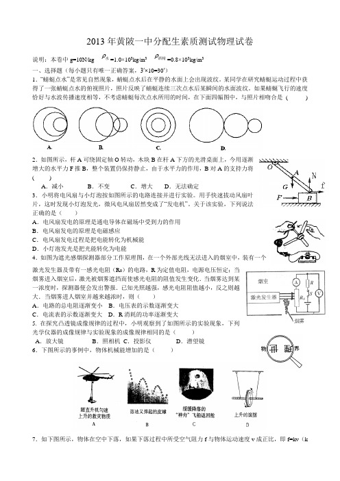 2013年黄陂一中分配生考试物理试题及答案