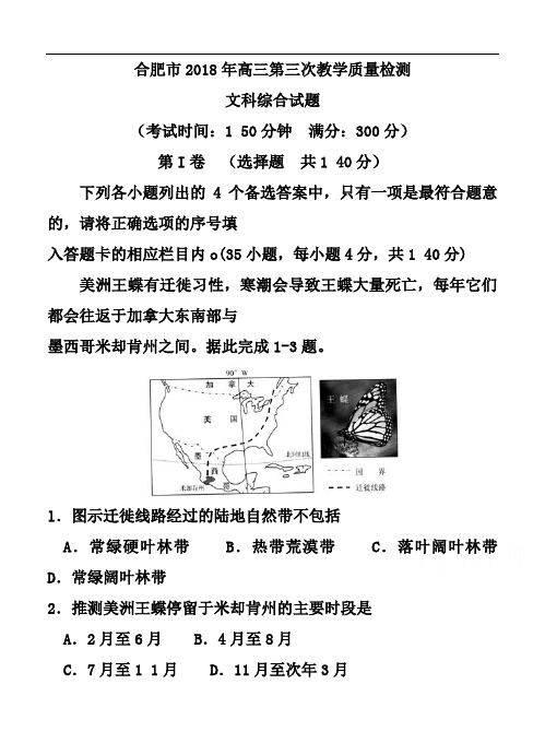 最新-安徽省合肥市2018年高三第三次教学质量检测文科综合试题及答案 精品