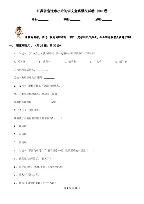 江苏省宿迁市小升初语文全真模拟试卷 (9)C卷
