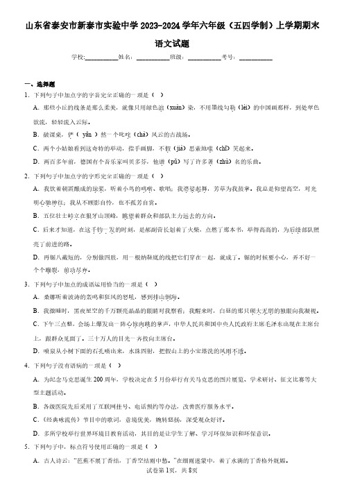 山东省泰安市新泰市实验中学2023-2024学年六年级(五四学制)上学期期末语文试题