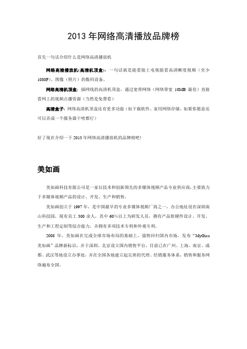 2013网络高清播放机品牌简介