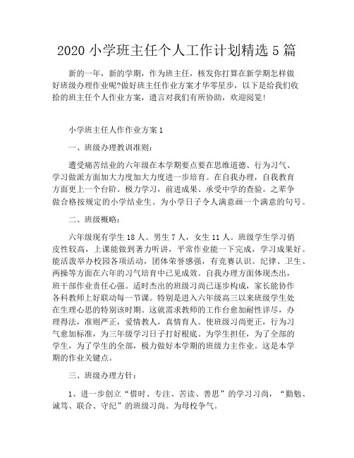 2020小学班主任个人工作计划精选5篇