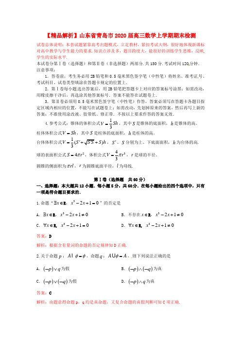 【精品解析】山东省青岛市2020届高三数学上学期期末检测 理(教师版)